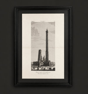Grabado de las torres de Bologna “Veduta delle due Torri di Bologna. Garisenda e degli Asinelli” de Attilio Zuccagni-Orlandini. Año 1845. Marco reciente.