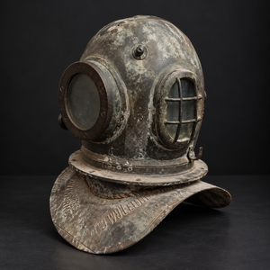 English copper and bronze diving helmet with natural green patina, "North Eastern Marine Engineering Co. Ltd." Ca. 1910–1930. Vintage.