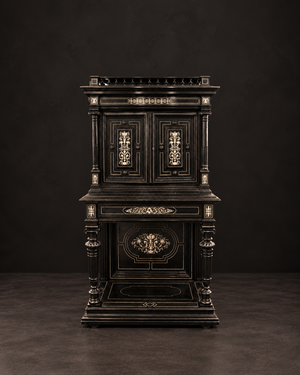 Mueble aparador en madera ebonizada con incrustaciones de hueso. Estilo Neorrenacimiento. Ca. 1870. Con detalles de conservación.
