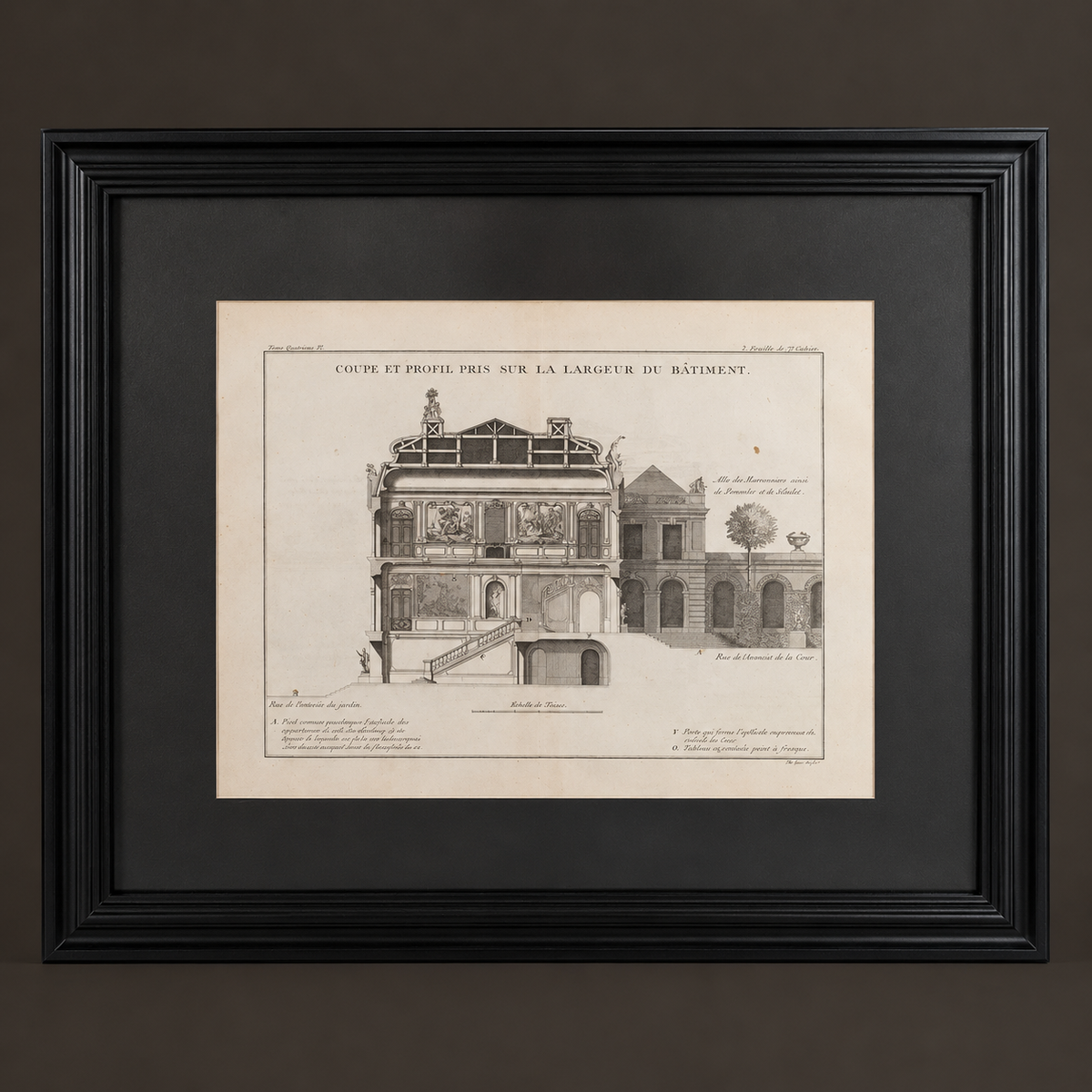 Architectural engraving "Coupe et profil pris sur la largeur du bâtiment". Paris. 1737. Antique. Recent frame.