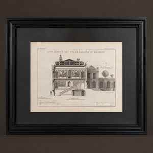 Grabado arquitectura "Coupe et profil pris sur la largeur du batiment" París. Año 1737. Atiguo. Marco reciente.