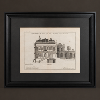 Architectural engraving "Coupe et profil pris sur la largeur du bâtiment". Paris. 1737. Antique. Recent frame.