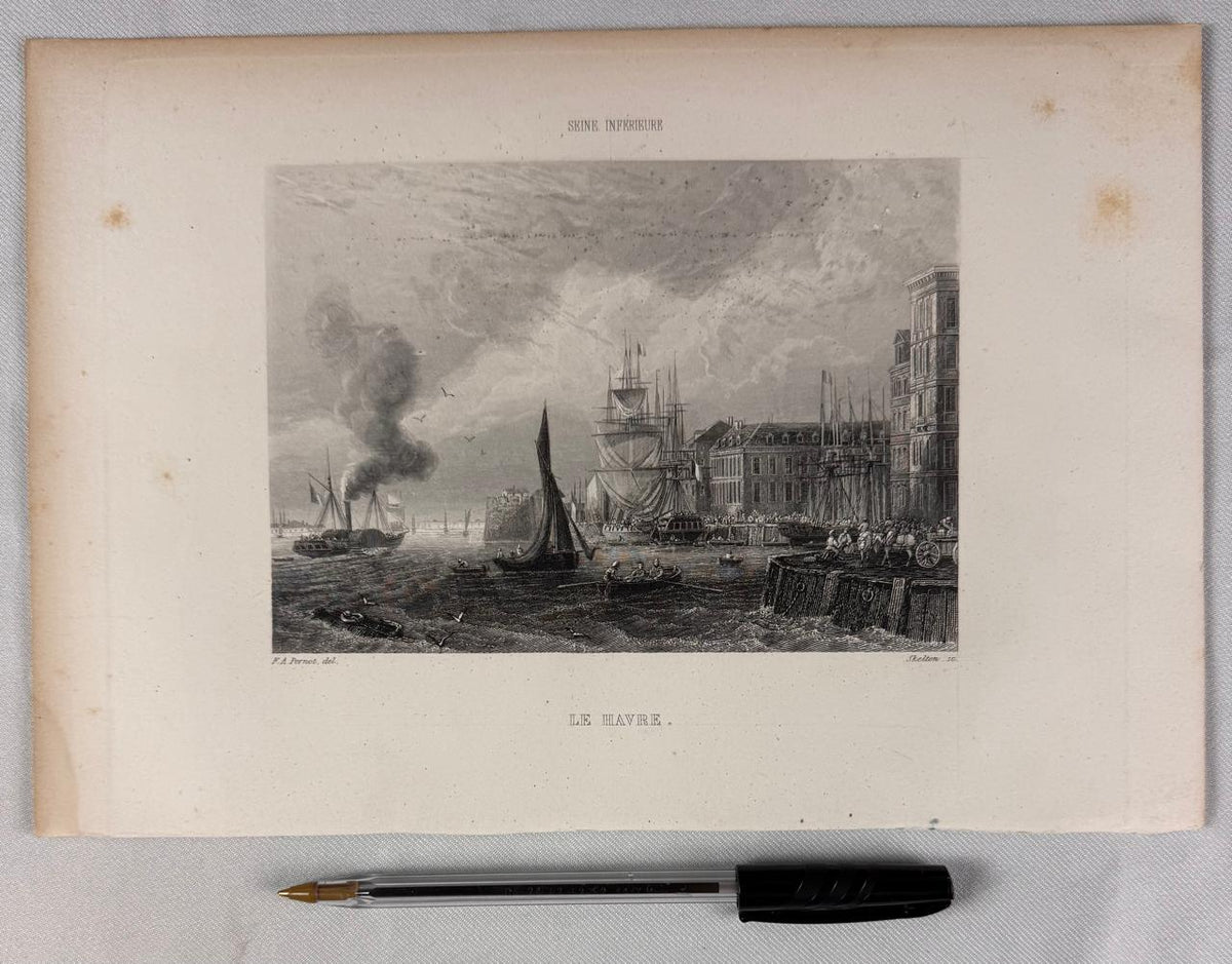 Grabado del puerto de "Le Havre". París. Año 1850. Con marco reciente. Antiguo.