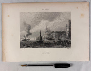 Grabado del puerto de "Le Havre". París. Año 1850. Con marco reciente. Antiguo.
