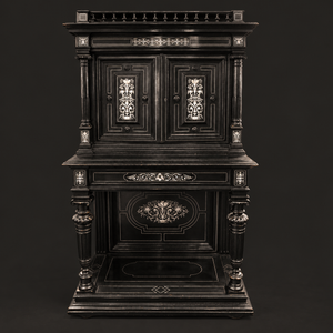 Mueble aparador en madera ebonizada con incrustaciones de hueso. Estilo Neorrenacimiento. Ca. 1870. Con detalles de conservación.