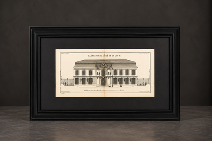 Print "Élévation du côté de la cour". 18th century. Recent frame. Antique.