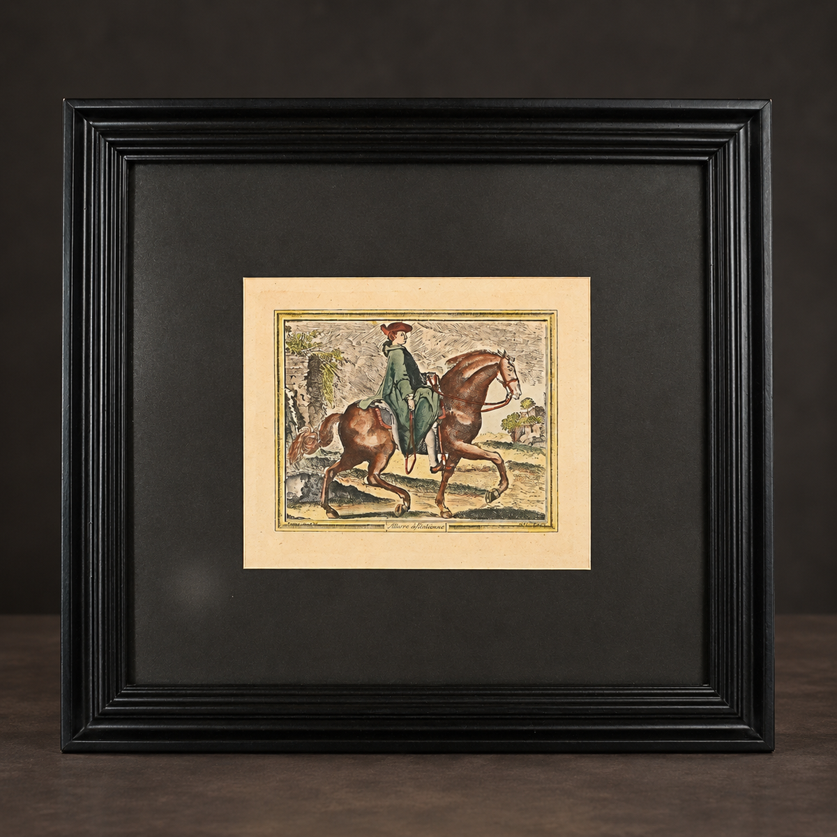 Hand-colored engraving "Allures défectueuses". Drawing by Ridinger, engraved by D. V. Ediz. Recent frame. Vintage.