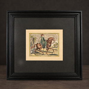 Hand-colored engraving "Allures défectueuses". Drawing by Ridinger, engraved by D. V. Ediz. Recent frame. Vintage.