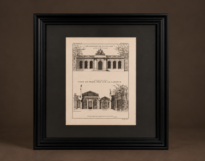Architectural engraving "Décoration de la façade du côté du Fer à Cheval". Paris. 1737. Antique. Recent frame.