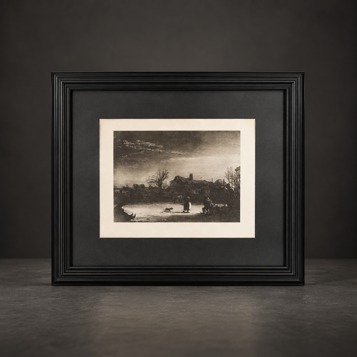 Reproduction print of "Winter Landscape" by Rembrandt. 20th century. Recent frame. Vintage.