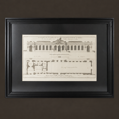 Architectural engraving "Élévation de la façade de l'orangerie du côté de ses jardins". Paris. 1737. Antique. Recent frame.