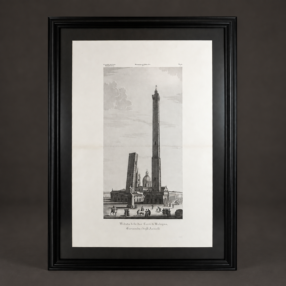 Engraving of the towers of Bologna, "Veduta delle due Torri di Bologna. Garisenda e degli Asinelli", by Attilio Zuccagni-Orlandini. 1845. Antique. Recent frame.