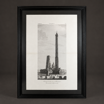 Engraving of the towers of Bologna, "Veduta delle due Torri di Bologna. Garisenda e degli Asinelli", by Attilio Zuccagni-Orlandini. 1845. Antique. Recent frame.