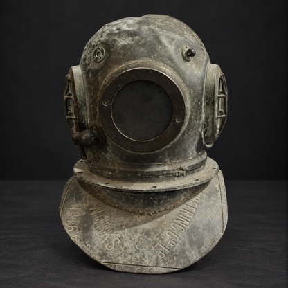 English copper and bronze diving helmet with natural green patina, "North Eastern Marine Engineering Co. Ltd." Ca. 1910–1930. Vintage.