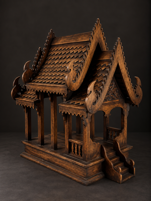 Thai wooden spirit house. Ca. 1990. Vintage.