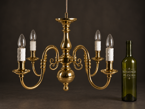 Dutch-style 4-light, single-tier chandelier. Bronze and brass. Recent.