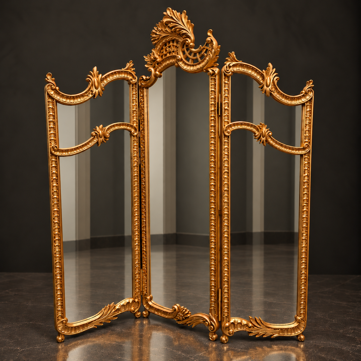 Louis XV screen in carved giltwood with gold leaf and mirrors. Late 19th century. Antique.