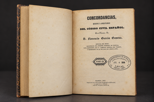 Complete 4-volume set "Concordancias, motivos y comentarios del código civil español" by D. Florencio García Goyena. Madrid. 1852. Antique. Shows signs of age.