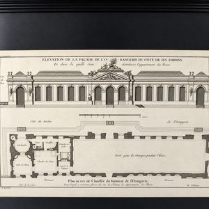 Grabado arquitectura "Elevation de la facade de l'o rangerie du côte de ses jardines" París. Año 1737. Antiguo. Marco reciente.