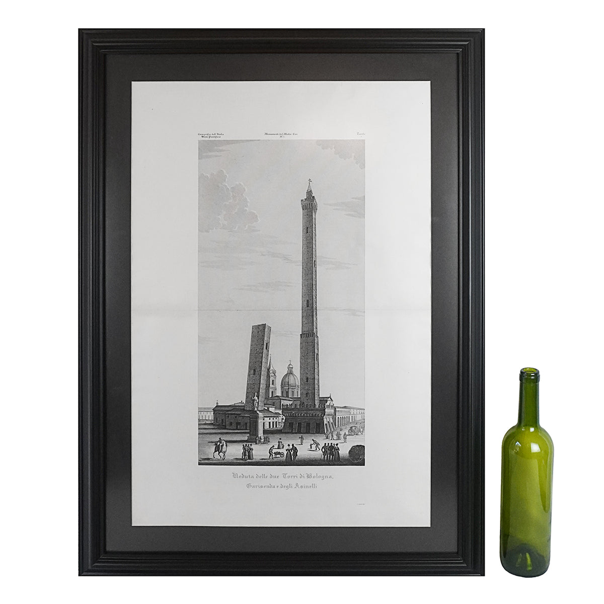 Grabado de las torres de Bologna “Veduta delle due Torri di Bologna. Garisenda e degli Asinelli” de Attilio Zuccagni-Orlandini. Año 1845. Antiguo. Marco reciente.