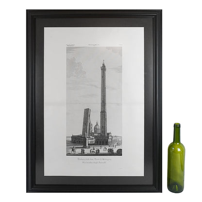 Grabado de las torres de Bologna “Veduta delle due Torri di Bologna. Garisenda e degli Asinelli” de Attilio Zuccagni-Orlandini. Año 1845. Antiguo. Marco reciente.