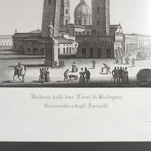 Grabado de las torres de Bologna “Veduta delle due Torri di Bologna. Garisenda e degli Asinelli” de Attilio Zuccagni-Orlandini. Año 1845. Antiguo. Marco reciente.