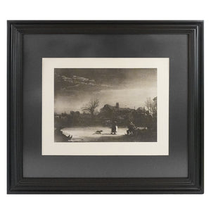 Gráfico reproducción de la obra "Paisaje de invierno" de Rembrandt. Siglo XX. Marco reciente. Vintage.