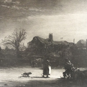 Reproduction print of "Winter Landscape" by Rembrandt. 20th century. Recent frame. Vintage.