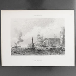 Engraving of the port of "Le Havre". Paris. 1850. Recent frame. Antique.