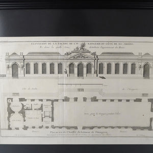 Grabado arquitectura "Elevation de la facade de l'o rangerie du côte de ses jardines" París. Año 1737. Antiguo. Marco reciente.