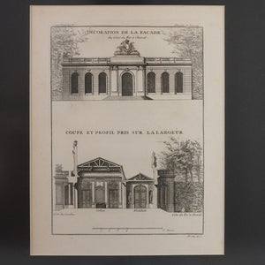 Grabado de arquitectura "Decoration de la facade du Cóté du Fer á Cheval" París. Año 1737. Antiguo. Marco reciente.