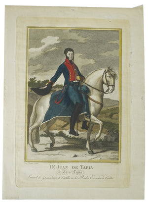 Hand-colored engraving "Don Juan de Tapia" by Zacarías Velázquez. 19th century. Recent frame. Antique.