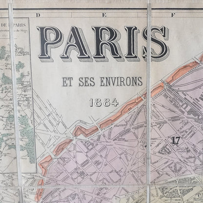Mapa "París et ses environs 1884". Año 1884.  Con marco reciente. Antiguo.