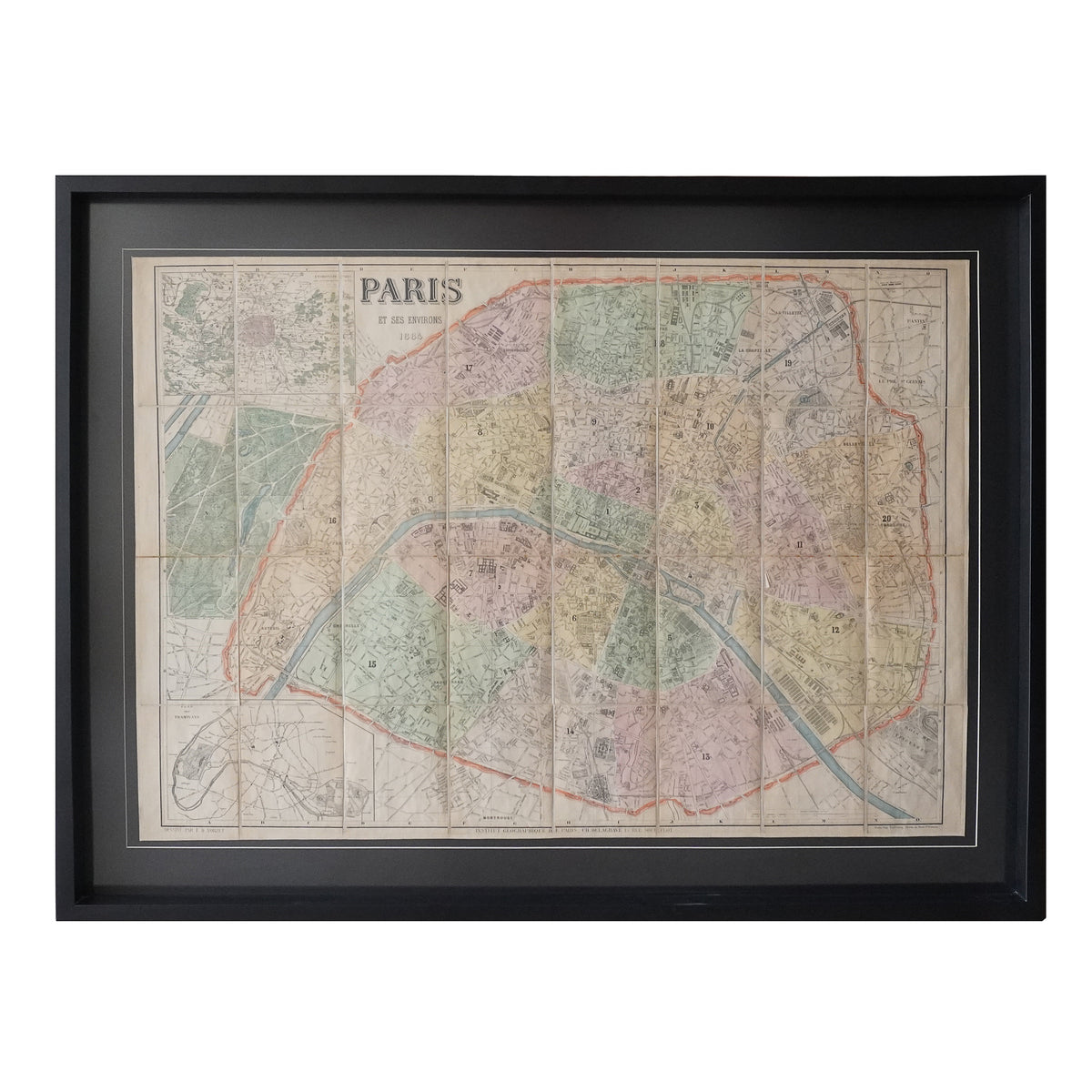 Map "Paris et ses environs 1884". 1884. Recent frame. Antique.