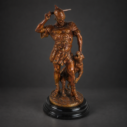 Escultura de guerrero de bronce con tigre con base de mármol negra Siglo XX