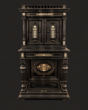 Mueble aparador en madera ebonizada con incrustaciones de hueso. Estilo Neorrenacimiento. Ca. 1870. Con detalles de conservación.