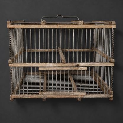 Jaula de pájaros de madera y metal. Ca. 1950