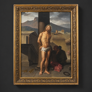 Pintura Cristo atado a la columna Óleo sobre tela S XIX Marco 113 x 91 cm