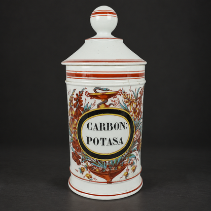 Botamen o albarelo de porcelana CARBON POTASA Finales Siglo XIX