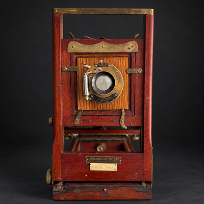 Red bellows camera with tripod. Decorative, not working. Ca. 1905–1925. Antique.