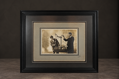 Photograph of young men with a seismograph. Ca. 1910. Recent frame. Antique.