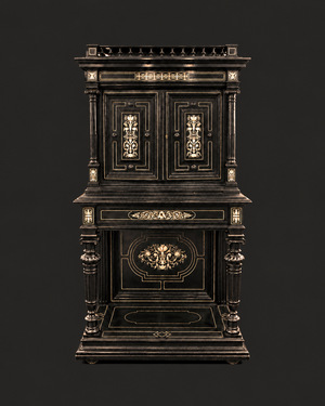Mueble aparador en madera ebonizada con incrustaciones de hueso. Estilo Neorrenacimiento. Ca. 1870. Con detalles de conservación.