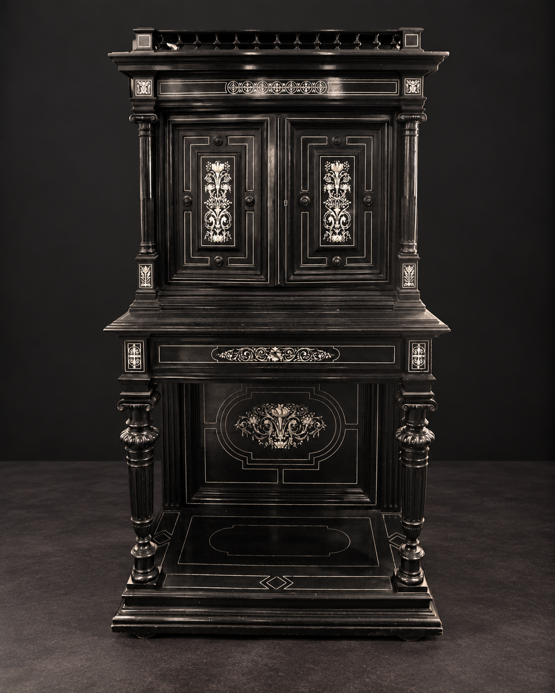 Ebonized wood sideboard with bone inlay. Renaissance Revival style. Ca. 1870. Antique. Shows signs of age.