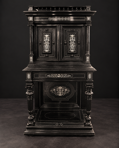 Ebonized wood sideboard with bone inlay. Renaissance Revival style. Ca. 1870. Antique. Shows signs of age.
