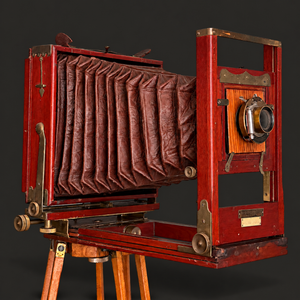 Cámara de fuelle roja con tripié. Decorativa, no funciona. Ca. 1905–1925.
