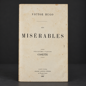 Complete 2-volume set of "Les Misérables" by Victor Hugo. First New York edition in French, 1862. Antique. Shows signs of age.