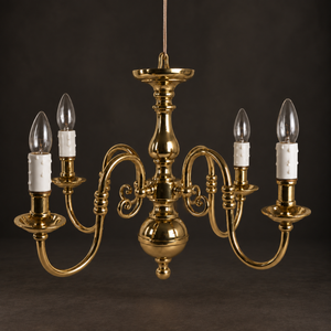 Dutch-style 4-light, single-tier chandelier. Bronze and brass. Recent.