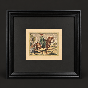Hand-colored engraving "Allures défectueuses". Drawing by Ridinger, engraved by D. V. Ediz. Recent frame. Vintage.